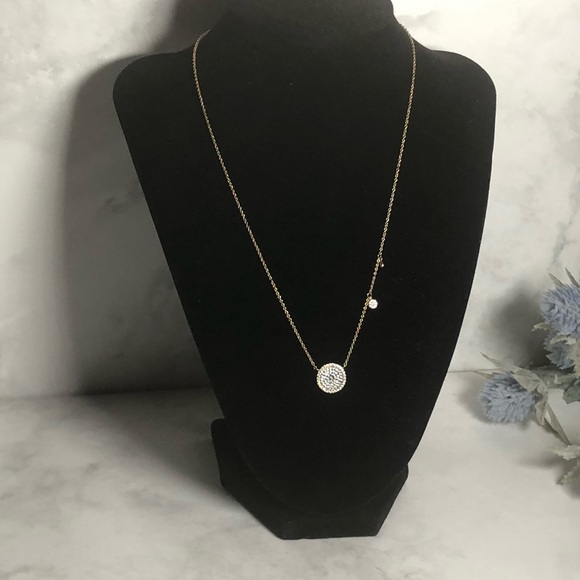 16 inch Delicate Gold-Tone Necklace, Circular Pendant with Small Sparkly Stones - Picture 6 of 13